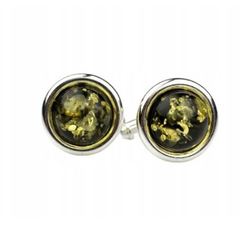 Elegants sudraba aproču pogu komplekts ar zaļo Baltijas dzintaru (17 mm)