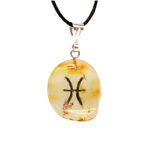 Baltijas dzintara kulons amulets dzeltenā krāsā ar zodiaka zīmi "Zivis" Sudrabs 925